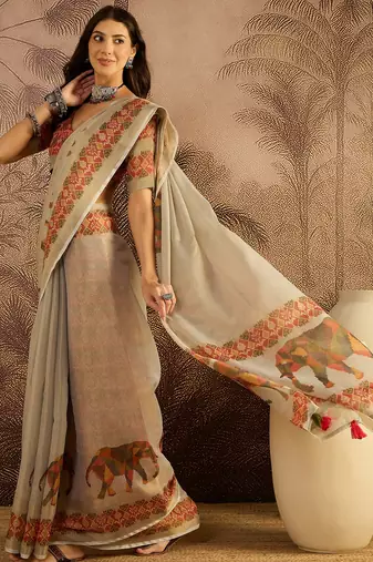 Cream silk cotton printed saree with unstitched blouse piece