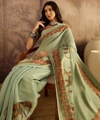 Green silk blend cotton printed saree with unstitched blouse piece 1