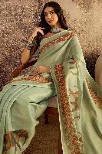 Green silk cotton printed saree with unstitched blouse piece