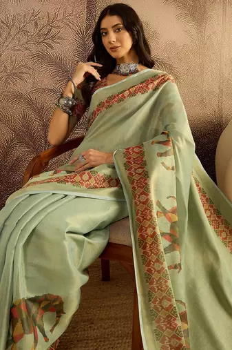 Green silk cotton printed saree with unstitched blouse piece