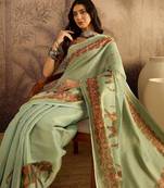 Green silk cotton printed saree with unstitched blouse piece