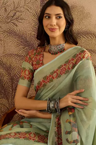 Green silk blend cotton printed saree with unstitched blouse piece