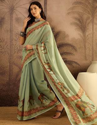 Green silk blend cotton printed saree with unstitched blouse piece 3