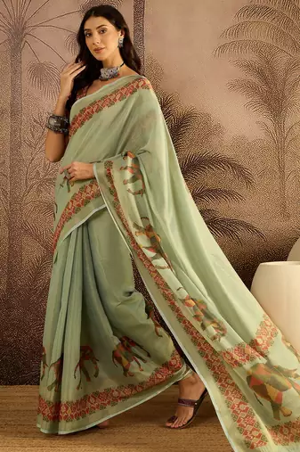 Green silk blend cotton printed saree with unstitched blouse piece
