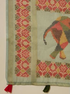 Green silk blend cotton printed saree with unstitched blouse piece 5