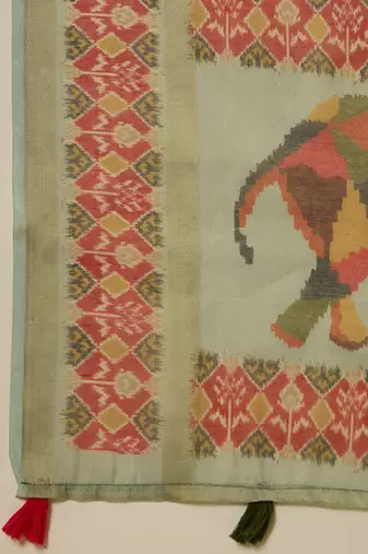 Green silk blend cotton printed saree with unstitched blouse piece