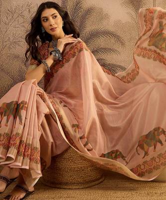 Pink silk blend cotton printed saree with unstitched blouse piece 2