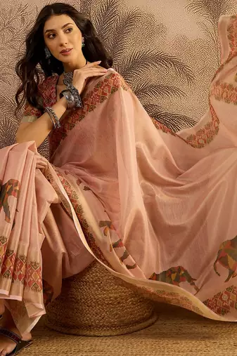 Pink silk blend cotton printed saree with unstitched blouse piece