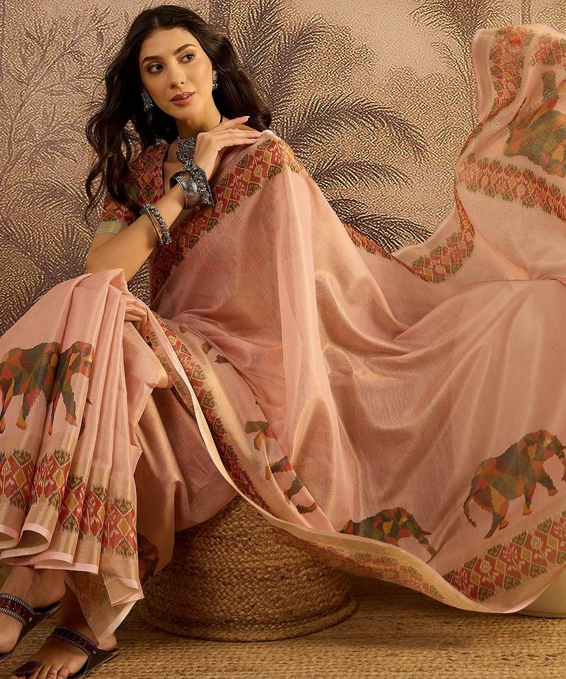 Pink silk cotton printed saree with unstitched blouse piece