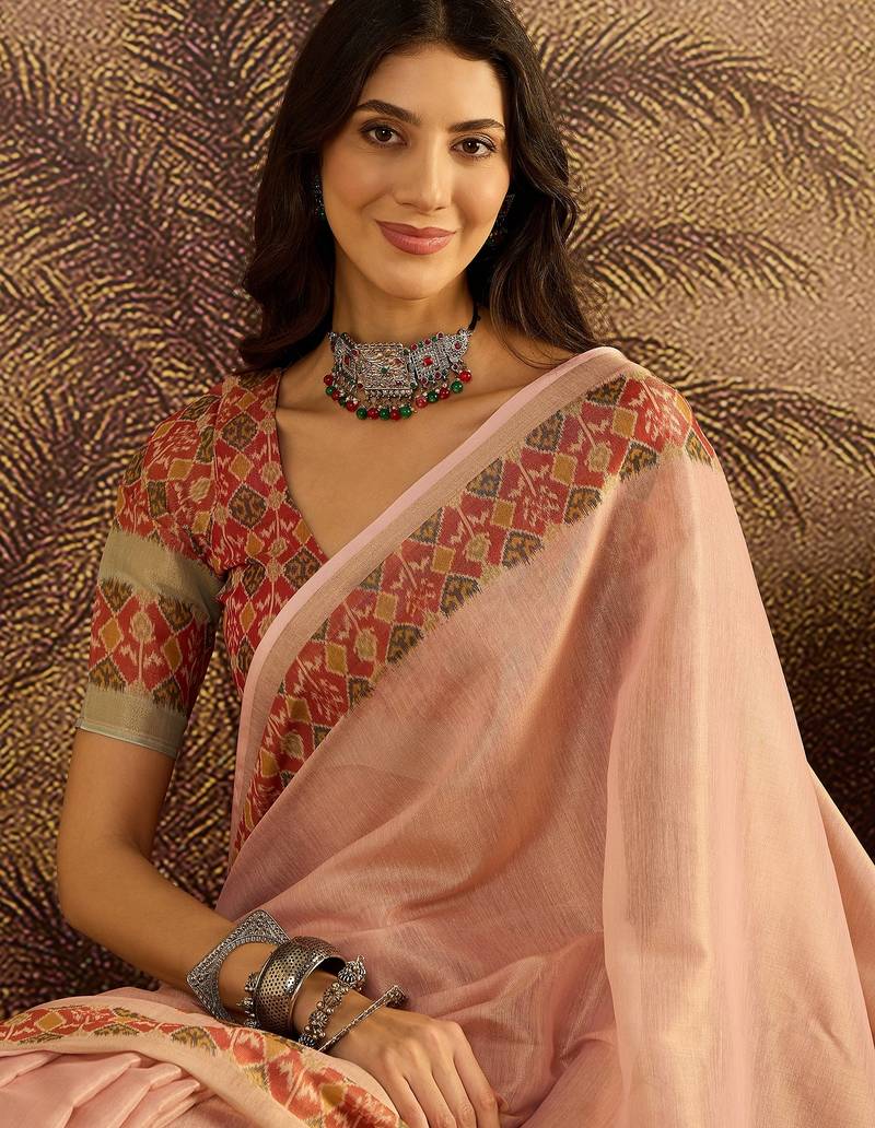 Pink silk cotton printed saree with unstitched blouse piece