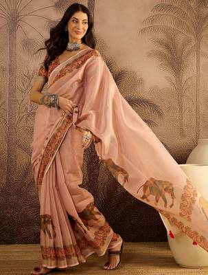 Pink silk blend cotton printed saree with unstitched blouse piece 1
