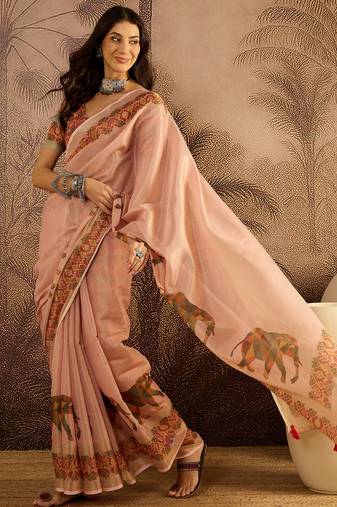 Pink silk cotton printed saree with unstitched blouse piece