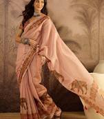 Pink silk cotton printed saree with unstitched blouse piece