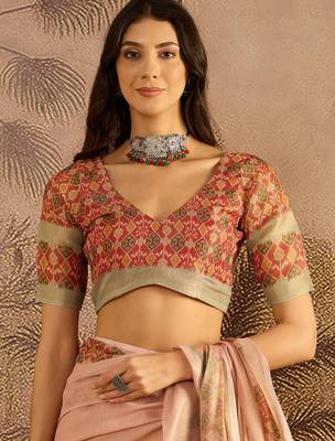 Pink silk blend cotton printed saree with unstitched blouse piece 4