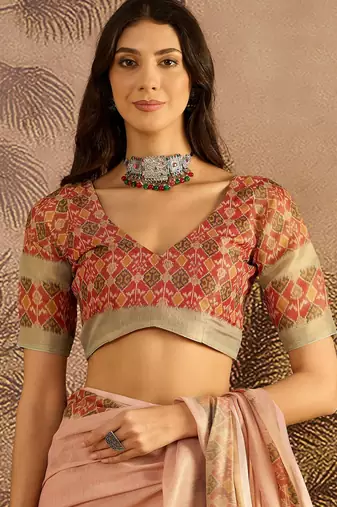 Pink silk blend cotton printed saree with unstitched blouse piece