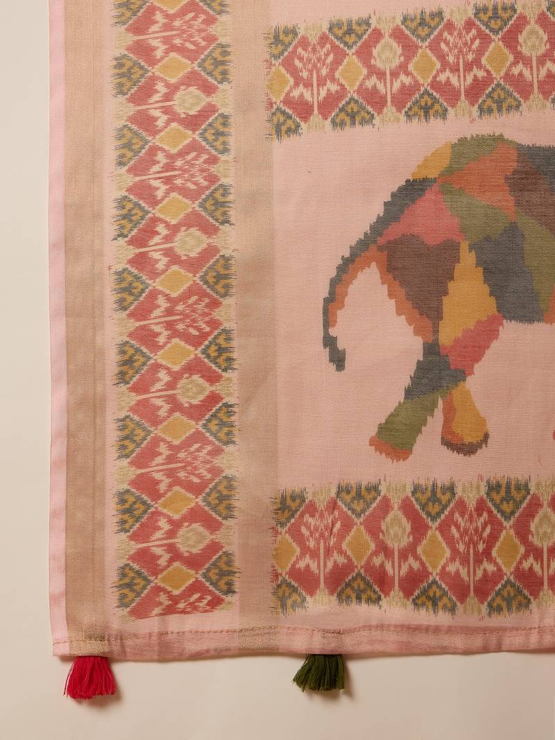 Pink silk cotton printed saree with unstitched blouse piece