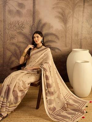 Beige silk blend cotton printed saree with unstitched blouse piece 2
