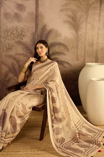 Beige silk blend cotton printed saree with unstitched blouse piece