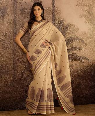 Beige silk blend cotton printed saree with unstitched blouse piece 1