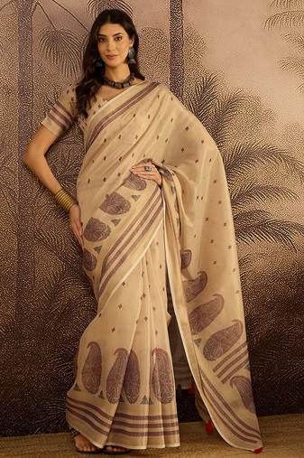 Beige silk cotton printed saree with unstitched blouse piece