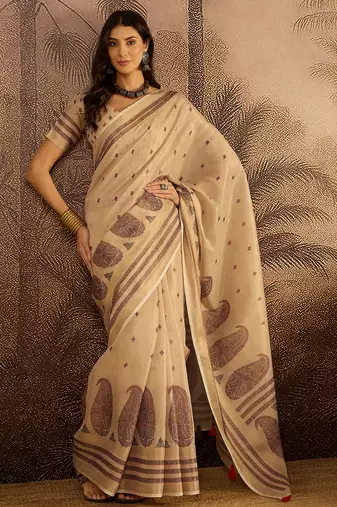 Beige silk cotton printed saree with unstitched blouse piece