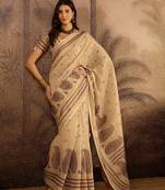Beige silk cotton printed saree with unstitched blouse piece