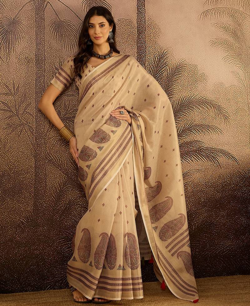 Beige silk cotton printed saree with unstitched blouse piece