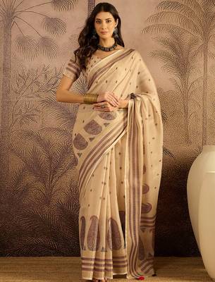 Beige silk blend cotton printed saree with unstitched blouse piece 3