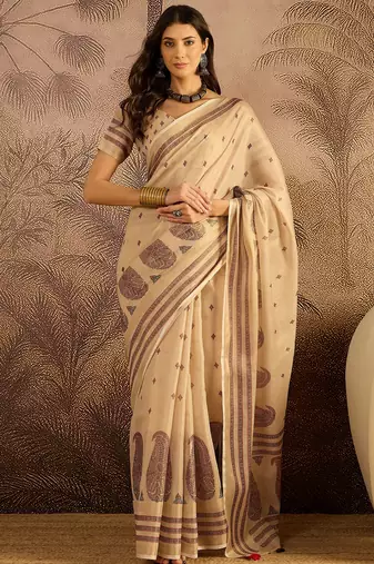 Beige silk blend cotton printed saree with unstitched blouse piece