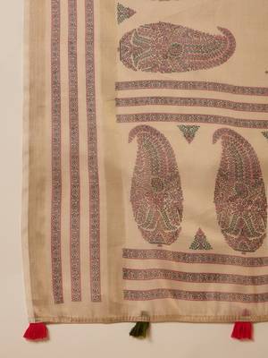 Beige silk blend cotton printed saree with unstitched blouse piece 5