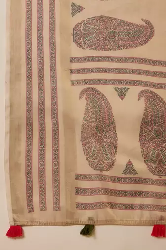 Beige silk blend cotton printed saree with unstitched blouse piece