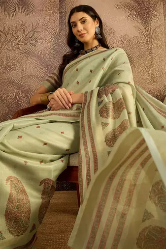 Green silk blend cotton printed saree with unstitched blouse piece