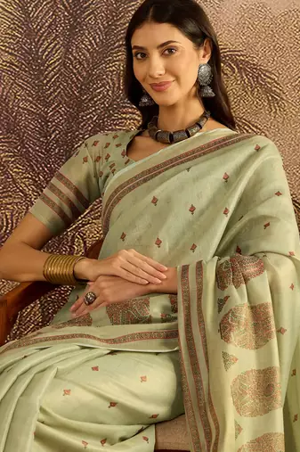 Green silk blend cotton printed saree with unstitched blouse piece