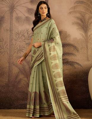Green silk blend cotton printed saree with unstitched blouse piece 1