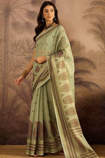 Green silk cotton printed saree with unstitched blouse piece