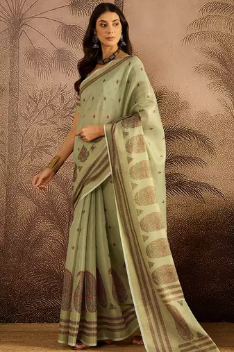 Green silk cotton printed saree with unstitched blouse piece