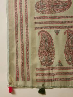 Green silk blend cotton printed saree with unstitched blouse piece 5
