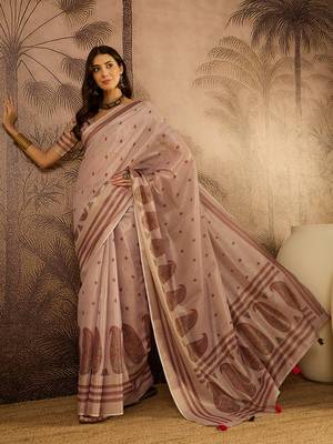 Lilac silk blend cotton printed saree with unstitched blouse piece 1