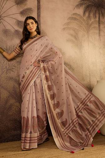 Lilac silk cotton printed saree with unstitched blouse piece