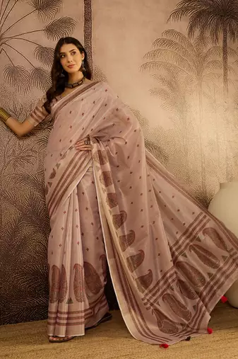 Lilac silk cotton printed saree with unstitched blouse piece