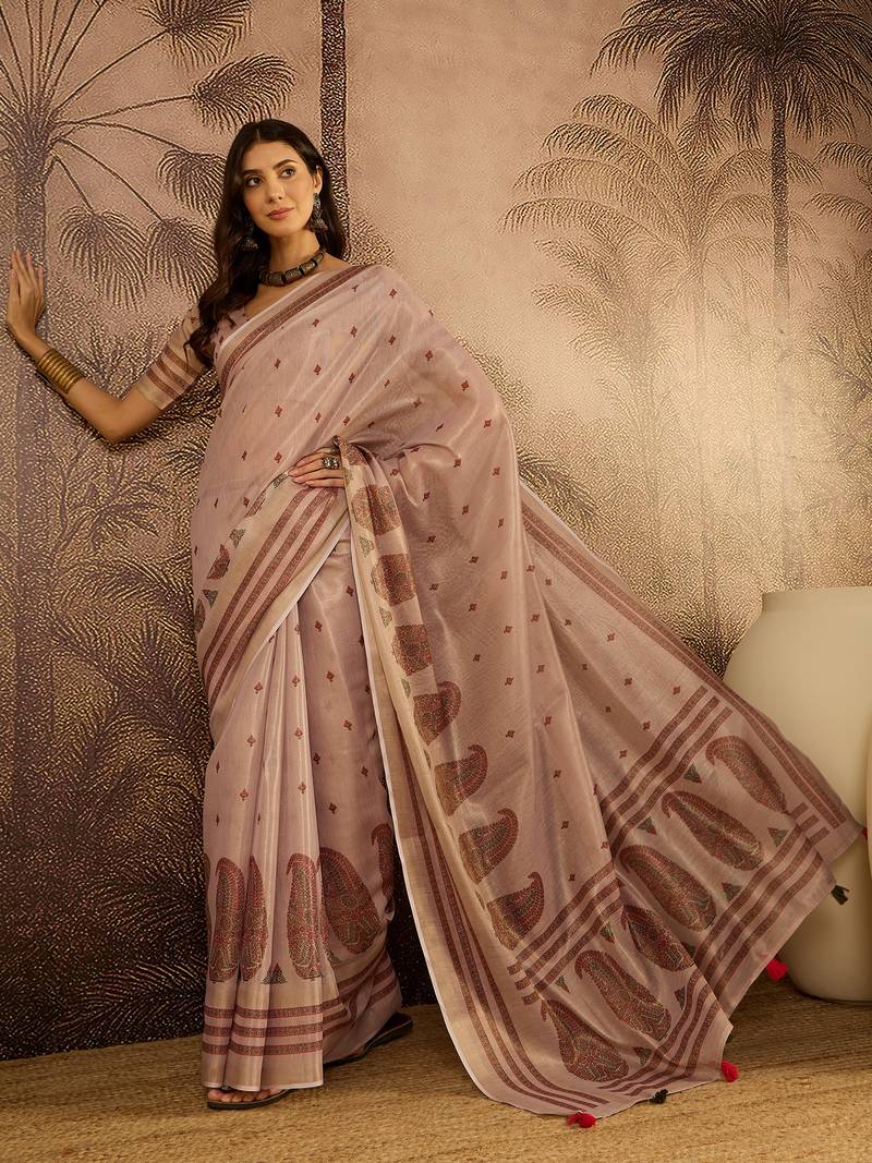 Lilac silk cotton printed saree with unstitched blouse piece