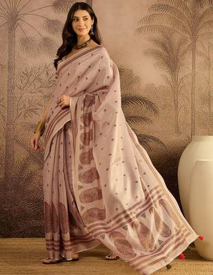 Lilac silk blend cotton printed saree with unstitched blouse piece 3