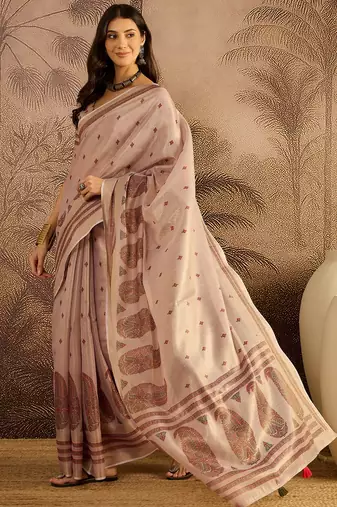 Lilac silk blend cotton printed saree with unstitched blouse piece