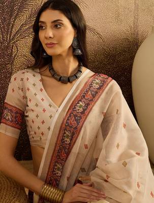 Beige silk blend cotton printed saree with unstitched blouse piece 2