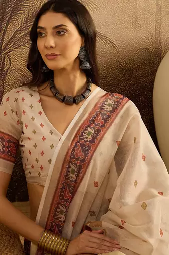 Beige silk blend cotton printed saree with unstitched blouse piece