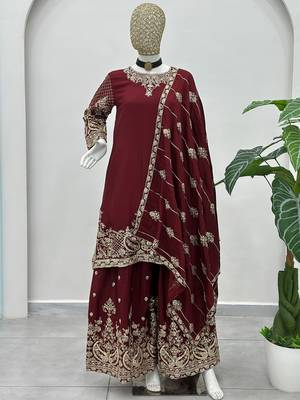 Maroon Embroidered Chinon Palazzo Suit 5