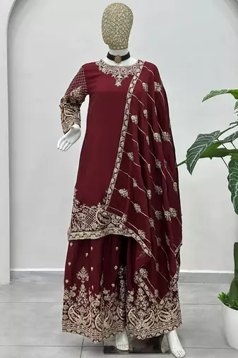 Maroon Embroidered Chinon Palazzo Suit