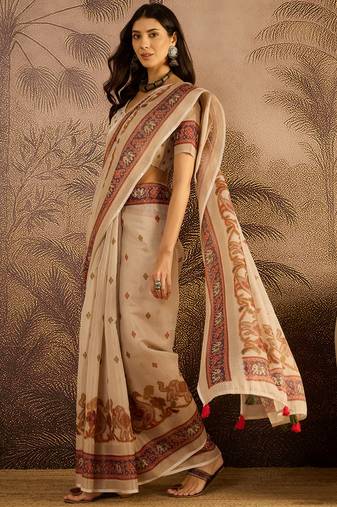 Beige silk cotton printed saree with unstitched blouse piece
