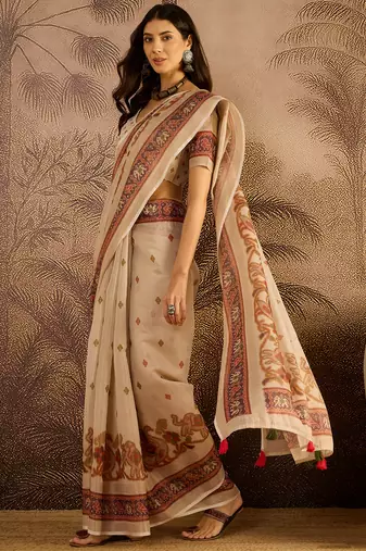 Beige silk cotton printed saree with unstitched blouse piece