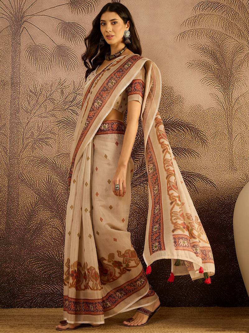Beige silk cotton printed saree with unstitched blouse piece